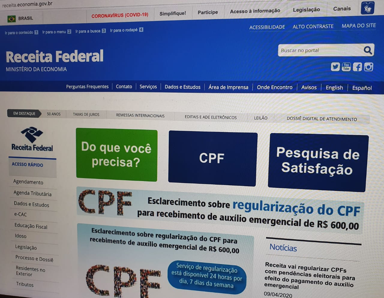 CPF – Documento pode ser obtido nos Correios e regularização também pode ser feita no site da Receita Federal
